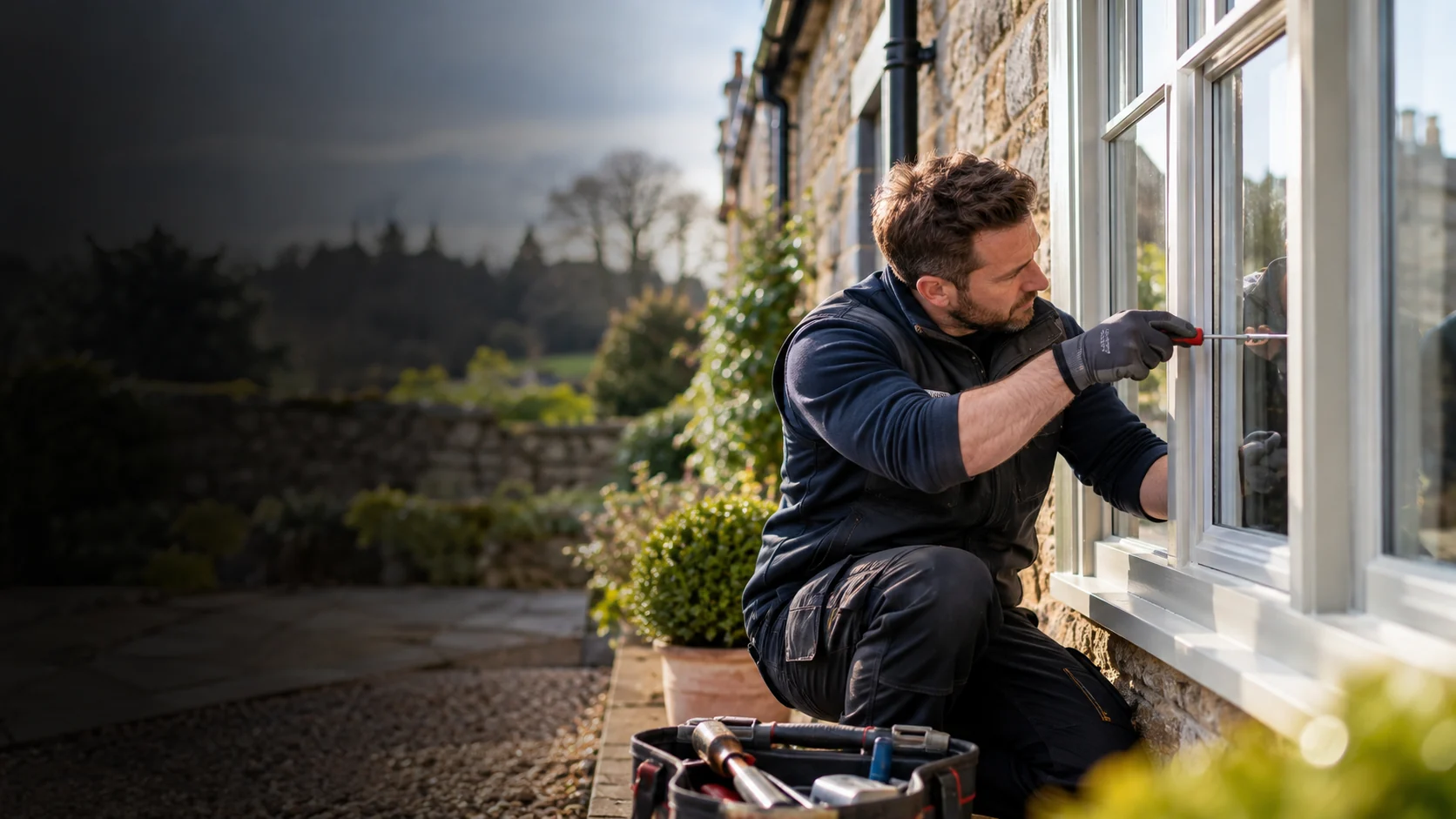 Glazier carefully working on a window repair project at a UK property